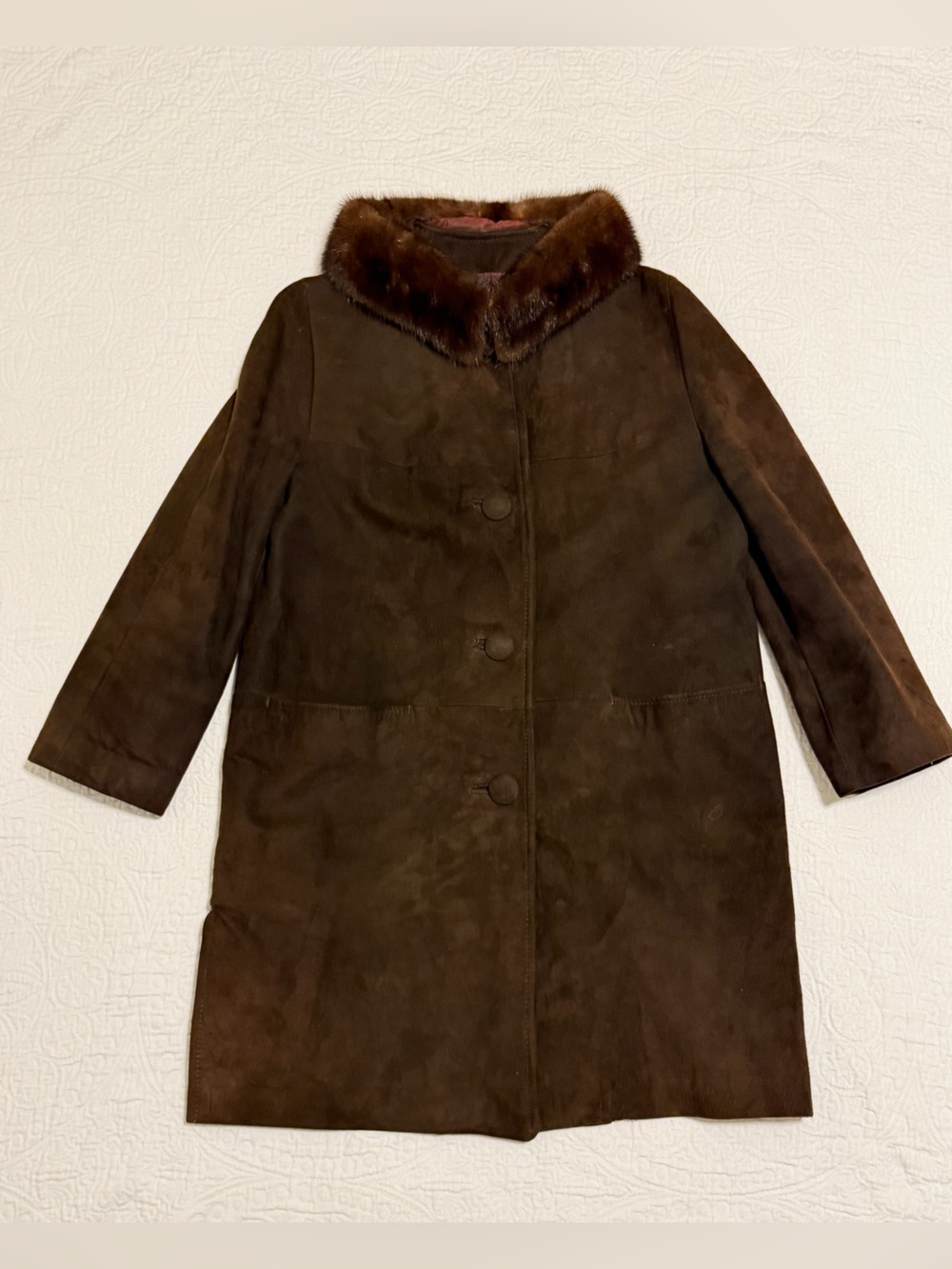 Vintage Chocolate Brown Suede Coat Genuine Mink Fur Collar Jacket 70s